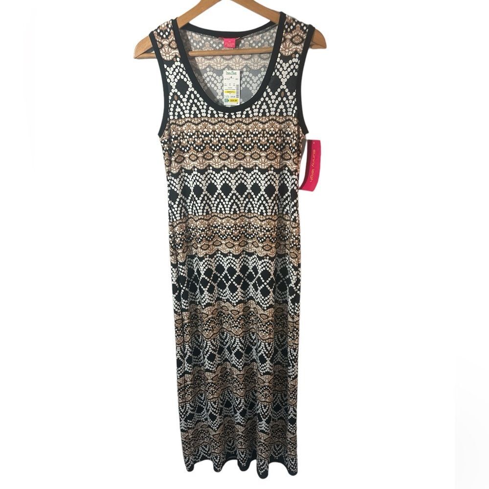NWT Sunny Leigh black taupe and white maxi dress Sz. M Summer Travel Geometric